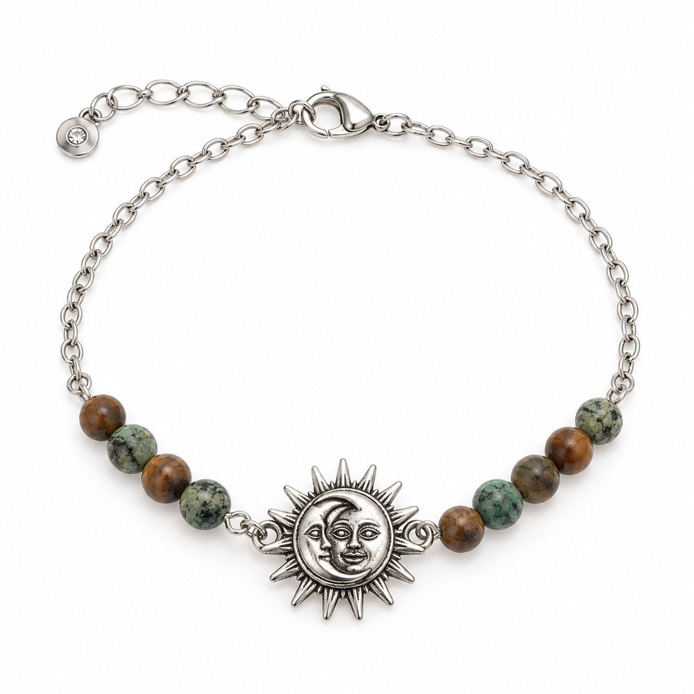 Celestial Sun Moon Charm Bracelet Anklet Jasper Beads Silver Tone 7.5-9"